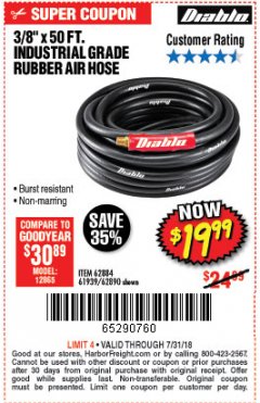 Harbor Freight Coupon DIABLO 3/8" X 50 FT. HEAVY DUTY PREMIUM RUBBER AIR HOSE Lot No. 62884/69580/61939/62890 Expired: 7/31/18 - $19.99