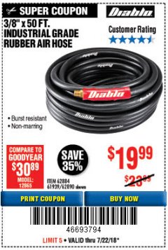 Harbor Freight Coupon DIABLO 3/8" X 50 FT. HEAVY DUTY PREMIUM RUBBER AIR HOSE Lot No. 62884/69580/61939/62890 Expired: 7/22/18 - $19.99