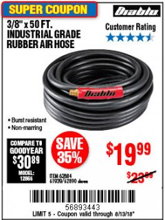 Harbor Freight Coupon DIABLO 3/8" X 50 FT. HEAVY DUTY PREMIUM RUBBER AIR HOSE Lot No. 62884/69580/61939/62890 Expired: 8/13/18 - $19.99