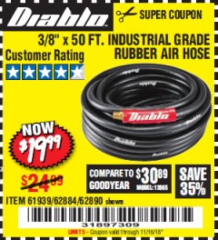 Harbor Freight Coupon DIABLO 3/8" X 50 FT. HEAVY DUTY PREMIUM RUBBER AIR HOSE Lot No. 62884/69580/61939/62890 Expired: 11/16/18 - $19.99