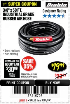 Harbor Freight Coupon DIABLO 3/8" X 50 FT. HEAVY DUTY PREMIUM RUBBER AIR HOSE Lot No. 62884/69580/61939/62890 Expired: 3/31/19 - $19.99