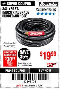 Harbor Freight Coupon DIABLO 3/8" X 50 FT. HEAVY DUTY PREMIUM RUBBER AIR HOSE Lot No. 62884/69580/61939/62890 Expired: 3/24/19 - $19.99