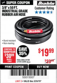 Harbor Freight Coupon DIABLO 3/8" X 50 FT. HEAVY DUTY PREMIUM RUBBER AIR HOSE Lot No. 62884/69580/61939/62890 Expired: 3/24/19 - $19.99