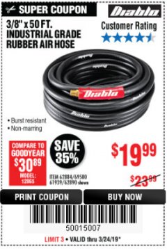 Harbor Freight Coupon DIABLO 3/8" X 50 FT. HEAVY DUTY PREMIUM RUBBER AIR HOSE Lot No. 62884/69580/61939/62890 Expired: 3/24/19 - $19.99