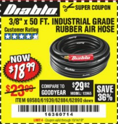 Harbor Freight Coupon DIABLO 3/8" X 50 FT. HEAVY DUTY PREMIUM RUBBER AIR HOSE Lot No. 62884/69580/61939/62890 Expired: 10/14/19 - $18.99