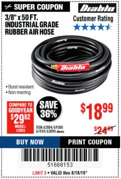 Harbor Freight Coupon DIABLO 3/8" X 50 FT. HEAVY DUTY PREMIUM RUBBER AIR HOSE Lot No. 62884/69580/61939/62890 Expired: 8/18/19 - $18.99