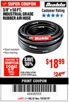 Harbor Freight Coupon DIABLO 3/8" X 50 FT. HEAVY DUTY PREMIUM RUBBER AIR HOSE Lot No. 62884/69580/61939/62890 Expired: 10/20/19 - $18.99