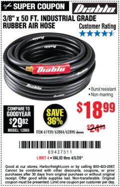 Harbor Freight Coupon DIABLO 3/8" X 50 FT. HEAVY DUTY PREMIUM RUBBER AIR HOSE Lot No. 62884/69580/61939/62890 Expired: 6/30/20 - $18.99
