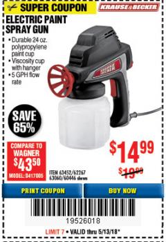 Harbor Freight Coupon 24 OZ. ELECTRIC PAINT SPRAY GUN Lot No. 60446/62267/63452/63060 Expired: 5/13/18 - $14.99