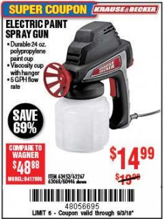 Harbor Freight Coupon 24 OZ. ELECTRIC PAINT SPRAY GUN Lot No. 60446/62267/63452/63060 Expired: 9/3/18 - $14.99