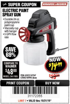 Harbor Freight Coupon 24 OZ. ELECTRIC PAINT SPRAY GUN Lot No. 60446/62267/63452/63060 Expired: 10/31/18 - $14.99