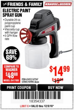 Harbor Freight Coupon 24 OZ. ELECTRIC PAINT SPRAY GUN Lot No. 60446/62267/63452/63060 Expired: 12/9/18 - $14.99