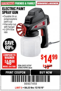 Harbor Freight Coupon 24 OZ. ELECTRIC PAINT SPRAY GUN Lot No. 60446/62267/63452/63060 Expired: 12/16/18 - $14.99