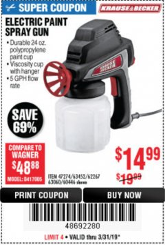 Harbor Freight Coupon 24 OZ. ELECTRIC PAINT SPRAY GUN Lot No. 60446/62267/63452/63060 Expired: 3/31/19 - $14.99