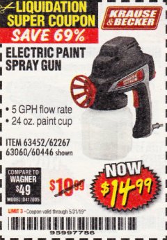 Harbor Freight Coupon 24 OZ. ELECTRIC PAINT SPRAY GUN Lot No. 60446/62267/63452/63060 Expired: 5/31/19 - $14.99