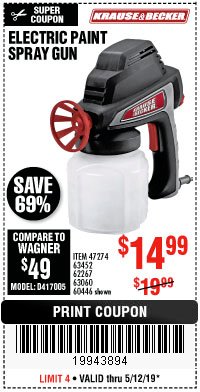 Harbor Freight Coupon 24 OZ. ELECTRIC PAINT SPRAY GUN Lot No. 60446/62267/63452/63060 Expired: 5/12/19 - $14.99