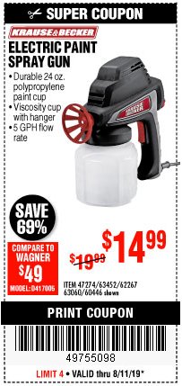 Harbor Freight Coupon 24 OZ. ELECTRIC PAINT SPRAY GUN Lot No. 60446/62267/63452/63060 Expired: 8/11/19 - $14.99