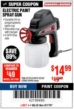 Harbor Freight Coupon 24 OZ. ELECTRIC PAINT SPRAY GUN Lot No. 60446/62267/63452/63060 Expired: 9/1/19 - $14.99