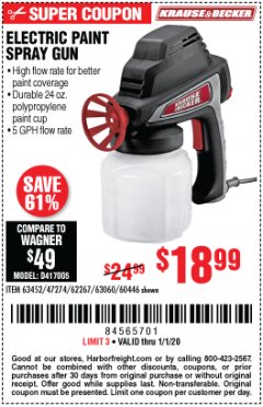 Harbor Freight Coupon 24 OZ. ELECTRIC PAINT SPRAY GUN Lot No. 60446/62267/63452/63060 Expired: 1/1/20 - $18.99