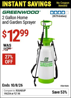 Harbor Freight Coupon GREENWOOD 2 GALLON HOME AND GARDEN SPRAYER Lot No. 95690/63134 Valid Thru: 10/8/26 - $12.99