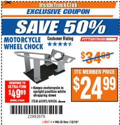 Harbor Freight ITC Coupon MOTORCYCLE WHEEL CHOCK Lot No. 51648 Expired: 7/3/18 - $24.99