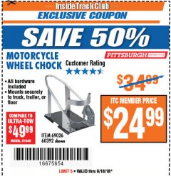 Harbor Freight ITC Coupon MOTORCYCLE WHEEL CHOCK Lot No. 51648 Expired: 9/18/18 - $24.99
