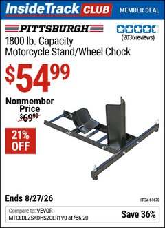 Harbor Freight Coupon PITTSBURGH 1800 LB. CAPACITY MOTORCYCLE STAND/WHEEL CHOCK Lot No. 61670 Valid: 12/31/69 - 8/27/26 - $54.99