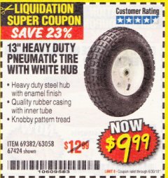 Harbor Freight Coupon 13" PNEUMATIC TIRE WITH WHITE HUB Lot No. 69382/67424 Expired: 6/30/18 - $9.99
