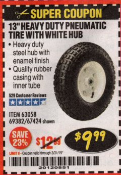 Harbor Freight Coupon 13" PNEUMATIC TIRE WITH WHITE HUB Lot No. 69382/67424 Expired: 3/31/19 - $9.99