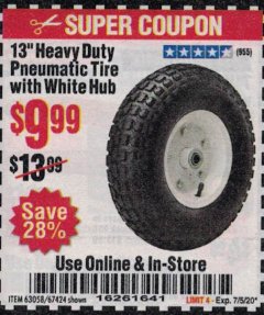 Harbor Freight Coupon 13" PNEUMATIC TIRE WITH WHITE HUB Lot No. 69382/67424 Expired: 7/5/20 - $9.99