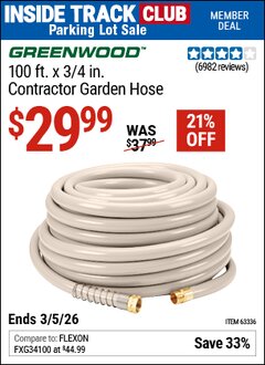 Harbor Freight ITC Coupon GREENWOOD 100 FT. X 3/4 IN. CONTRACTOR GARDEN HOSE Lot No. 63336/61906 Expired: 3/5/26 - $29.99