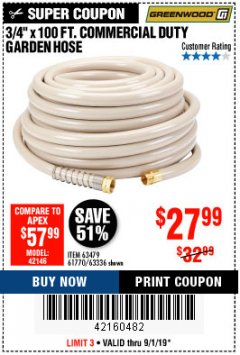 Harbor Freight Coupon 3/4" X 100 FT. COMMERCIAL DUTY GARDEN HOSE Lot No. 67020/61770/61906/63479/63336 Expired: 9/1/19 - $27.99