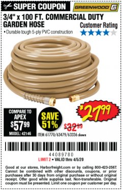 Harbor Freight Coupon 3/4" X 100 FT. COMMERCIAL DUTY GARDEN HOSE Lot No. 67020/61770/61906/63479/63336 Expired: 6/30/20 - $27.99
