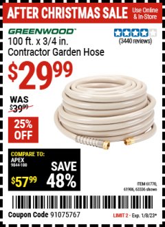 Harbor Freight Coupon 3/4" X 100 FT. COMMERCIAL DUTY GARDEN HOSE Lot No. 67020/61770/61906/63479/63336 Expired: 1/8/23 - $29.99