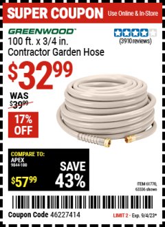 Harbor Freight Coupon 3/4" X 100 FT. COMMERCIAL DUTY GARDEN HOSE Lot No. 67020/61770/61906/63479/63336 Expired: 9/4/23 - $32.99