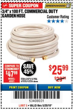 Harbor Freight Coupon 3/4" X 100 FT. COMMERCIAL DUTY GARDEN HOSE Lot No. 67020/61770/61906/63479/63336 Expired: 5/20/18 - $25.99