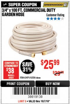 Harbor Freight Coupon 3/4" X 100 FT. COMMERCIAL DUTY GARDEN HOSE Lot No. 67020/61770/61906/63479/63336 Expired: 10/7/18 - $25.99
