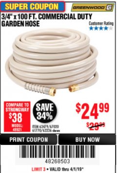 Harbor Freight Coupon 3/4" X 100 FT. COMMERCIAL DUTY GARDEN HOSE Lot No. 67020/61770/61906/63479/63336 Expired: 4/1/19 - $24.99