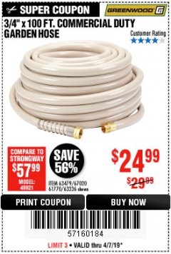 Harbor Freight Coupon 3/4" X 100 FT. COMMERCIAL DUTY GARDEN HOSE Lot No. 67020/61770/61906/63479/63336 Expired: 4/7/19 - $24.99