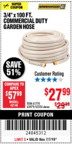 Harbor Freight Coupon 3/4" X 100 FT. COMMERCIAL DUTY GARDEN HOSE Lot No. 67020/61770/61906/63479/63336 Expired: 7/7/19 - $27.99