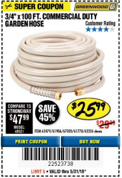 Harbor Freight Coupon 3/4" X 100 FT. COMMERCIAL DUTY GARDEN HOSE Lot No. 67020/61770/61906/63479/63336 Expired: 5/31/18 - $25.99