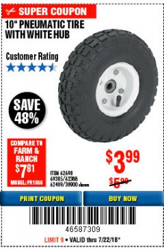 Harbor Freight Coupon 10" PNEUMATIC TIRE HaulMaster Lot No. 30900/62388/62409/62698/69385 Expired: 7/22/18 - $3.99