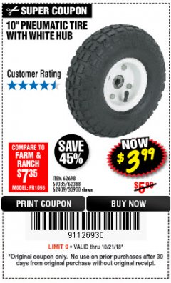 Harbor Freight Coupon 10" PNEUMATIC TIRE HaulMaster Lot No. 30900/62388/62409/62698/69385 Expired: 10/21/18 - $3.99