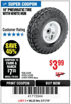 Harbor Freight Coupon 10" PNEUMATIC TIRE HaulMaster Lot No. 30900/62388/62409/62698/69385 Expired: 2/17/19 - $3.99