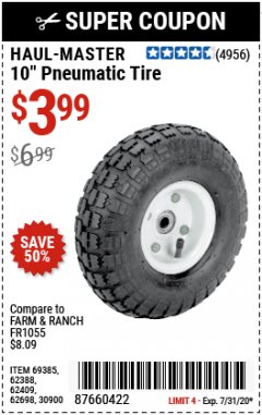 Harbor Freight Coupon 10" PNEUMATIC TIRE HaulMaster Lot No. 30900/62388/62409/62698/69385 Expired: 7/31/20 - $3.99