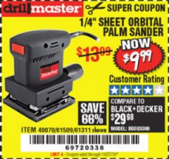 Harbor Freight Coupon ORBITAL HAND SANDER Lot No. 61311/61509/40070 Expired: 10/27/19 - $9.99