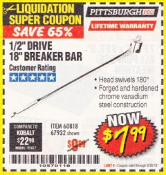 Harbor Freight Coupon 1/2" DRIVE 18" BREAKER BAR Lot No. 60818/67932 Expired: 6/30/18 - $7.99