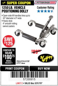 Harbor Freight Coupon VEHICLE POSITIONING WHEEL DOLLY Lot No. 67287/61917/62234 Expired: 3/31/19 - $64.99