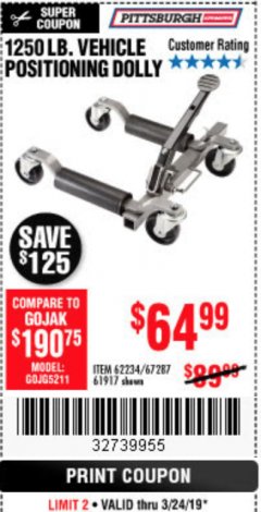 Harbor Freight Coupon VEHICLE POSITIONING WHEEL DOLLY Lot No. 67287/61917/62234 Expired: 3/24/19 - $64.99