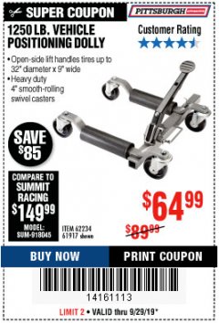 Harbor Freight Coupon VEHICLE POSITIONING WHEEL DOLLY Lot No. 67287/61917/62234 Expired: 9/29/19 - $64.99